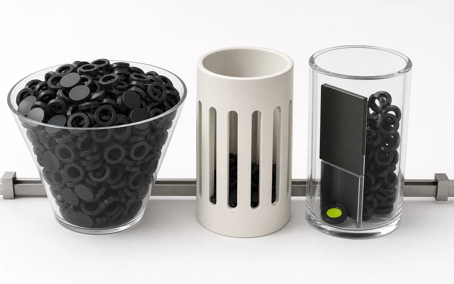 Three contrasting vessels hold black view tokens, from an overflowing open bowl to a sealed pre-payout chamber with one verified lime core.