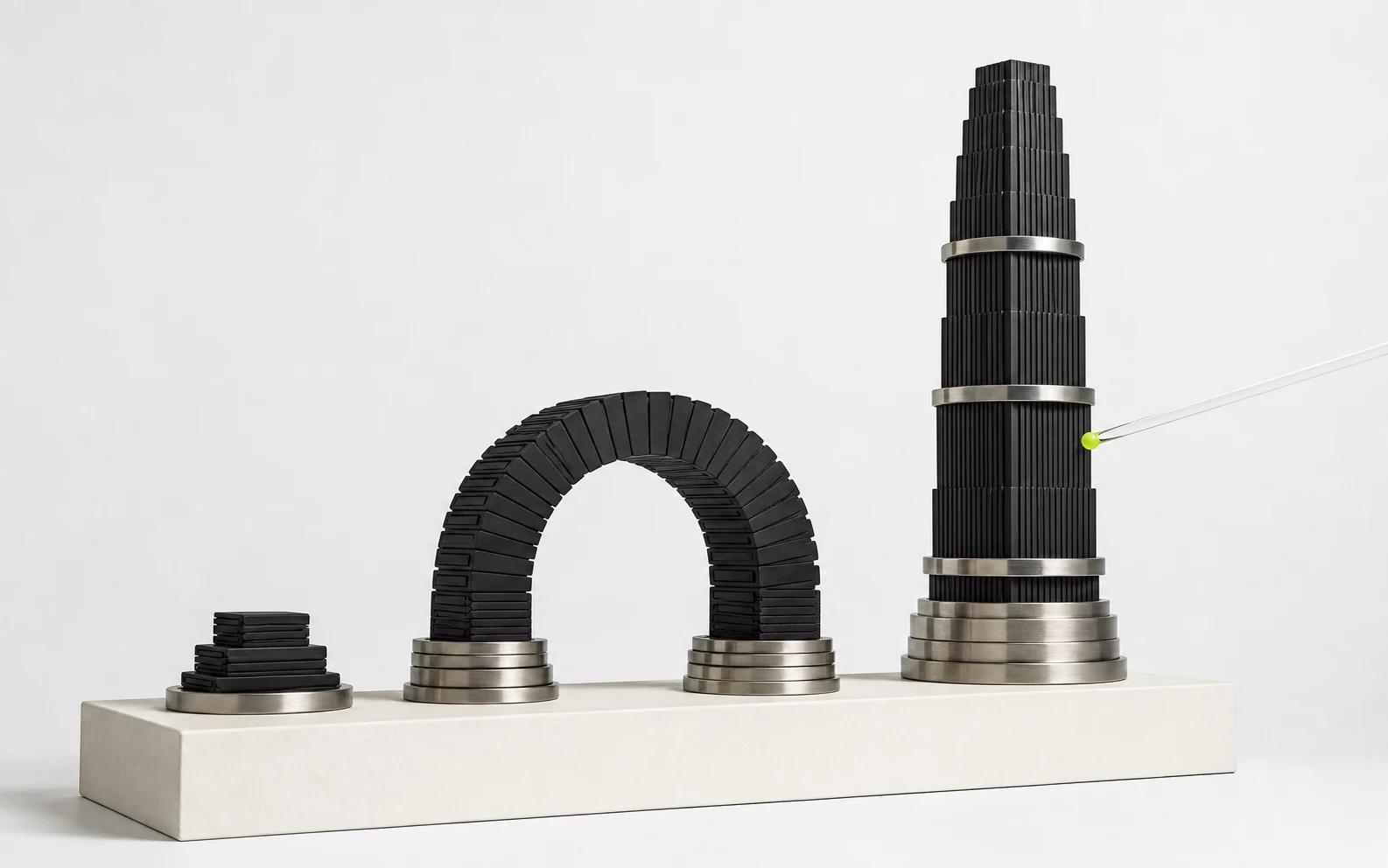 Three black clip-unit monuments rise from one white plinth, with steel payout rings and a lime-tipped audit probe testing the tallest.