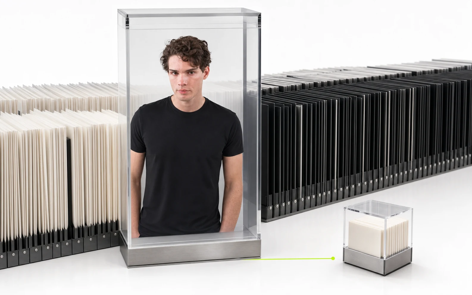 Clavicular stands inside a clear archive slab between long rows of clip cards, while a lime audit line stops before a separate evidence cube.