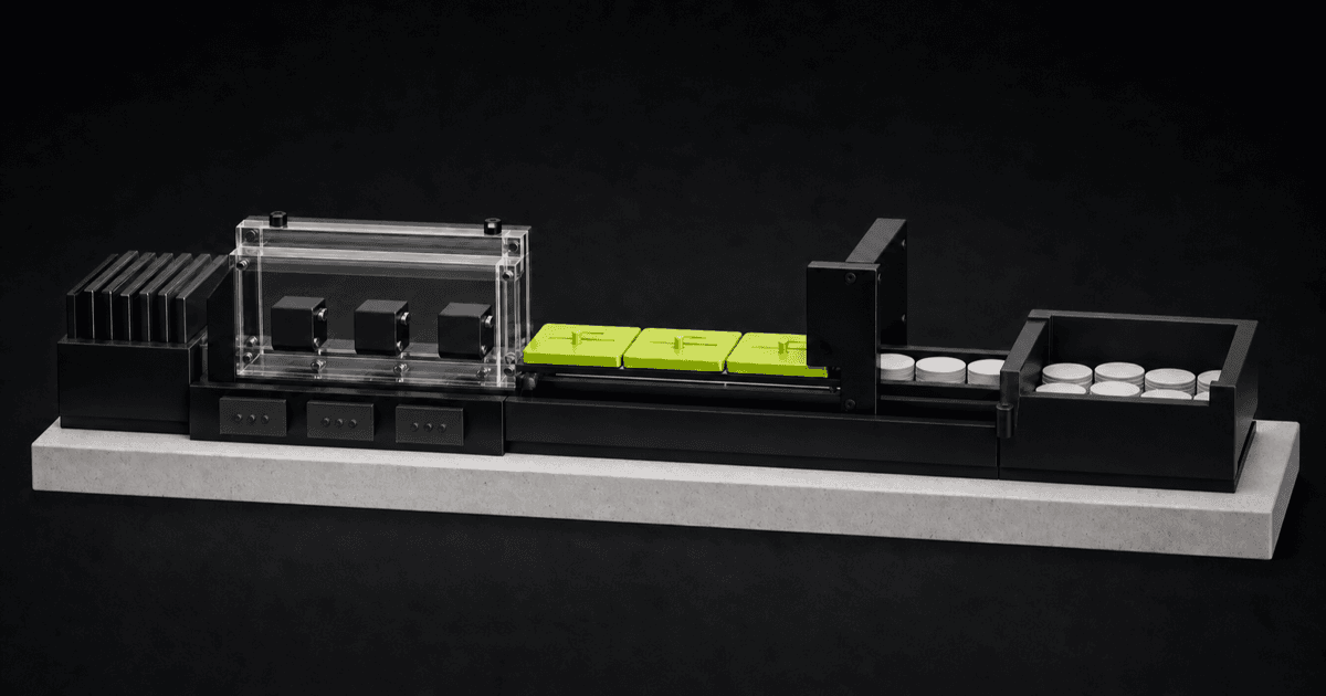 A black payout machine with verified clip tiles, a raised payment gate, and a lime evidence rail leading queued white payout discs toward release.