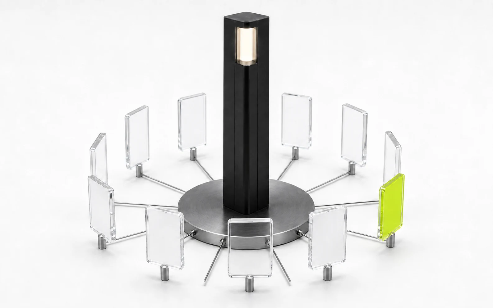 A tall broadcast tower stands at the center of a ring of separate clear signal windows, with one window filled lime.
