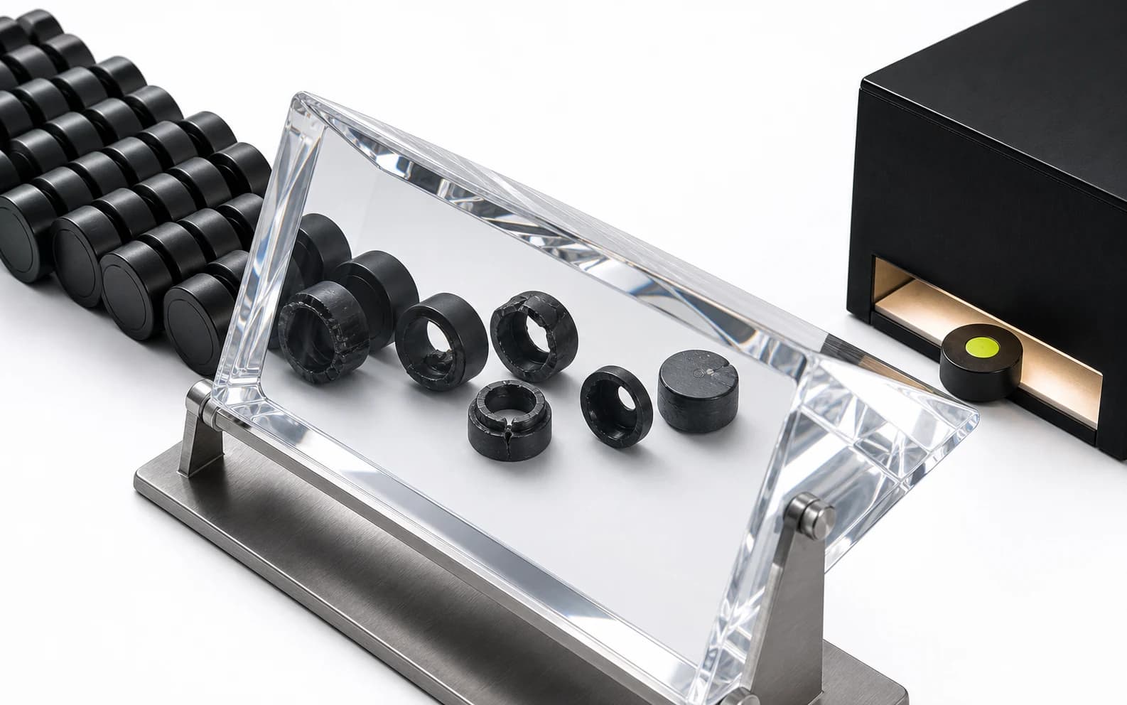 A clear forensic prism exposes hollow black view tokens while one solid lime-cored token waits at a payout threshold.