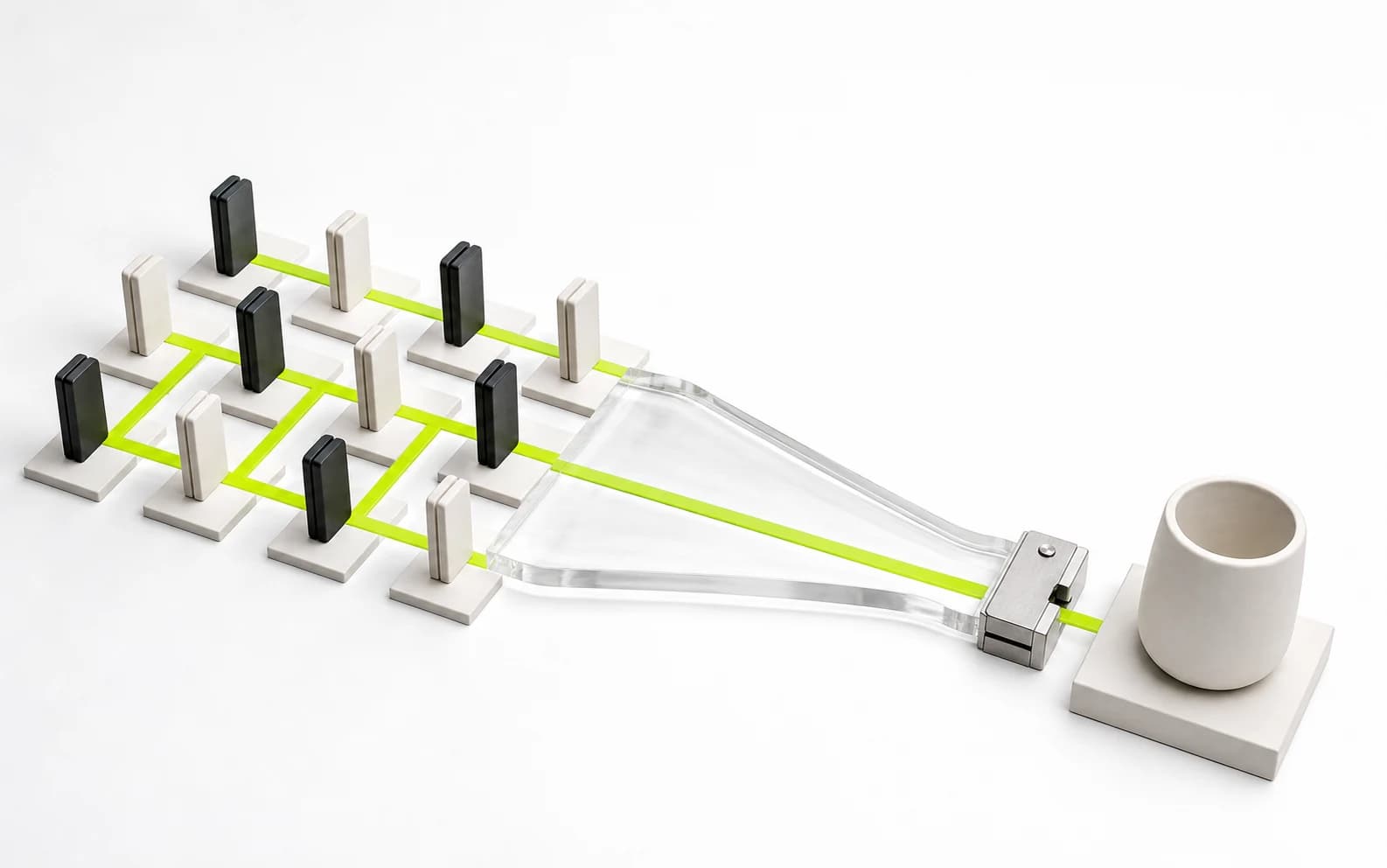 Twelve upright clip specimens feed a lime path that narrows across a clear bridge to one steel latch and a ceramic purchase object.