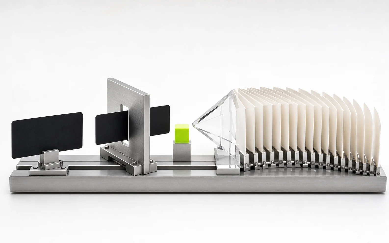 One black media card passes through a narrow steel aperture beside a clear prism that fans into many white distribution plates.