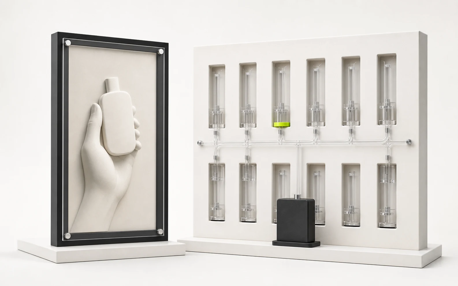 A framed ceramic relief of a hand holding a product sits beside one black source block connected to twelve clear posting apertures.