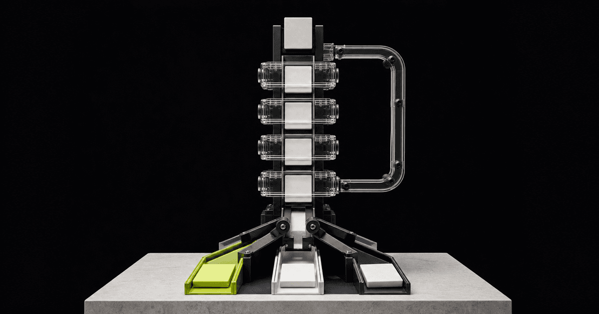 A miniature review tower passing a content tile through four inspection gates into three decision paths