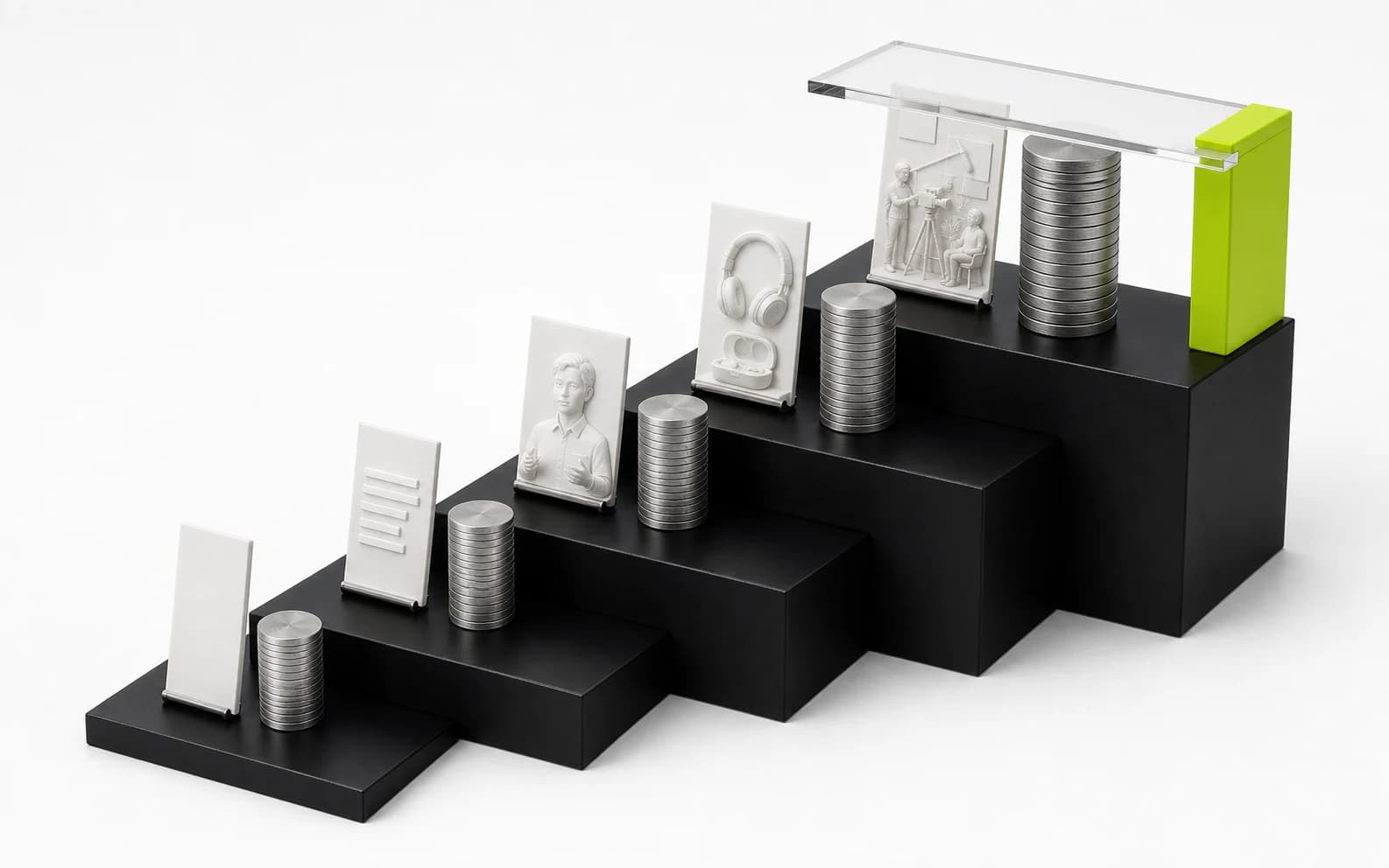 Five black steps pair increasingly complex clip specimens with taller payout stacks under a clear cap plate and lime stop block.