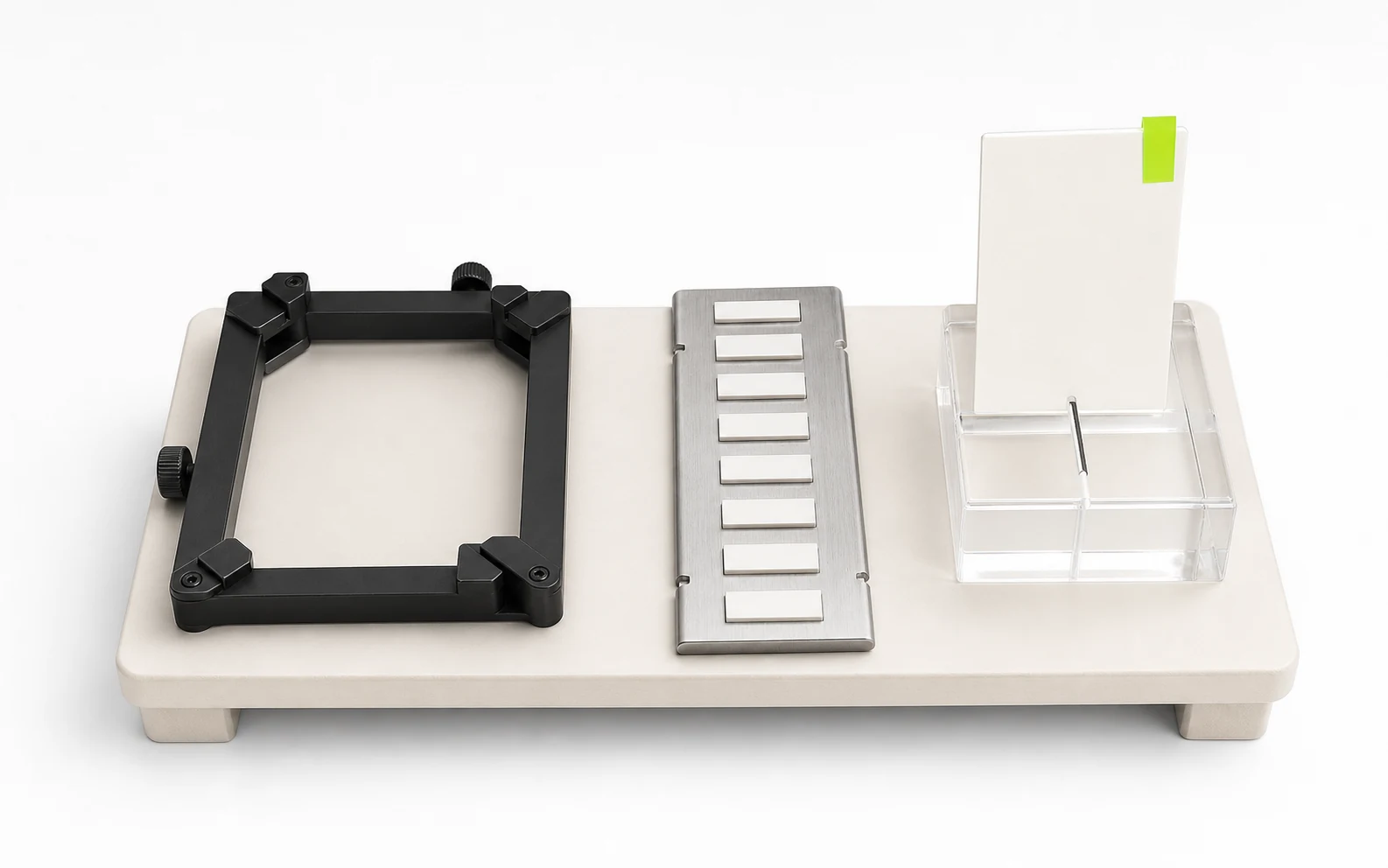 A compact workbench holds a crop gate, caption ruler, posting dock, and one finished clip plate marked lime.