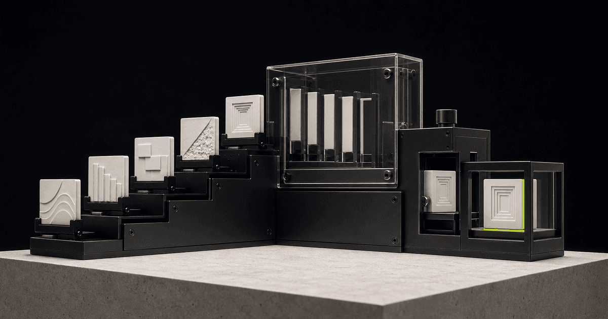 Five portfolio sample tiles climbing through a selection machine into a lime-lit paid campaign bay