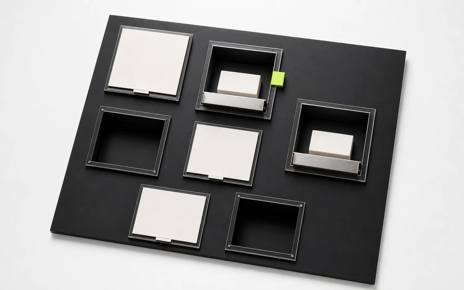 An asymmetric board shows closed and empty campaign windows beside two funded windows with payout trays, one selected in lime.