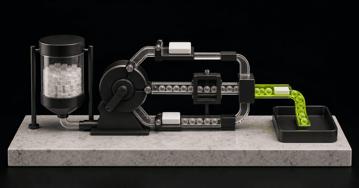 A miniature payout machine routing content tiles and measured signals into a lime-lit payout tray