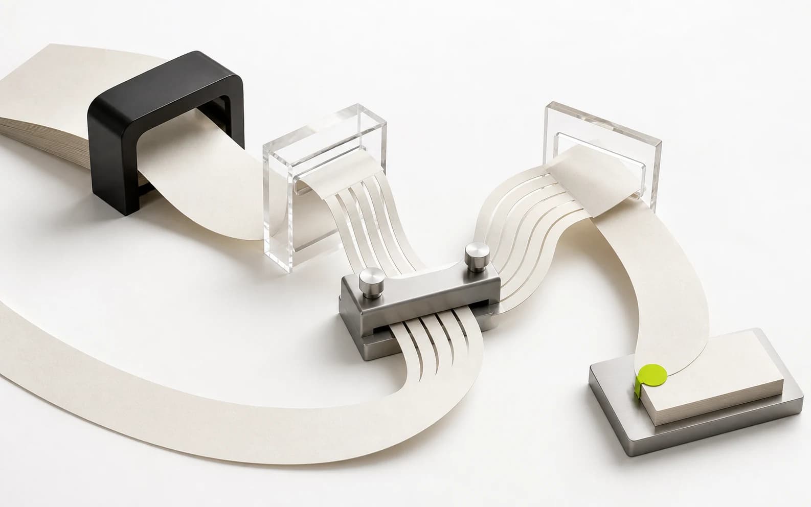 A looping paper ribbon divides into clip strips as it passes through briefing, review, verification, and payout checkpoints.