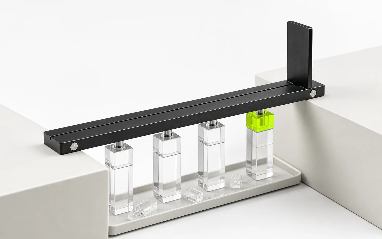 A black bridge spans two white plinths on four clear supports, with one lime keystone completing the crossing for a single clip plate.