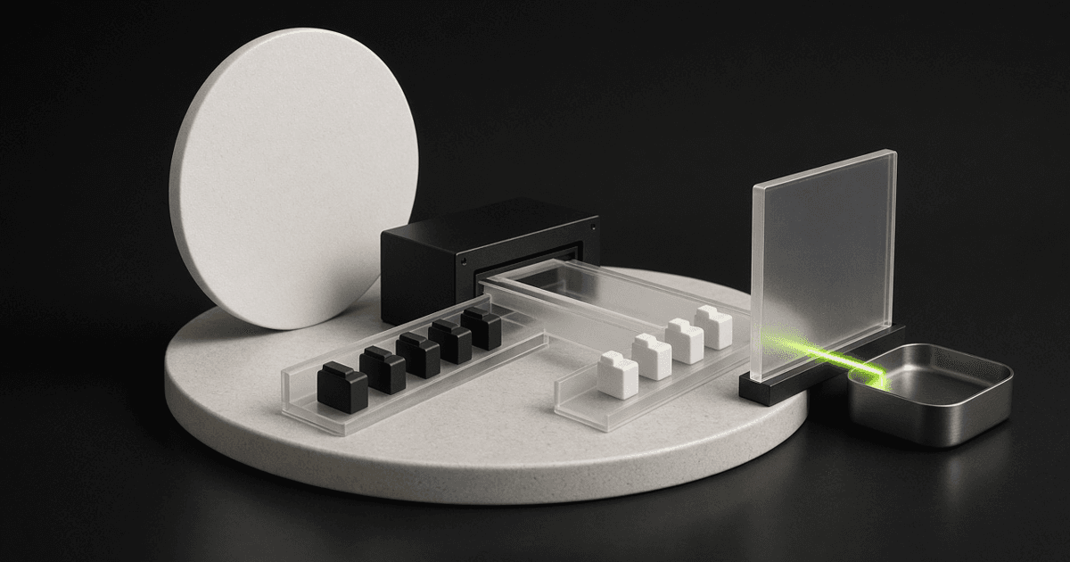 A ceramic disc and acrylic stems feed a black briefing gate; dual clip channels meet a lime verification path into a payout tray.