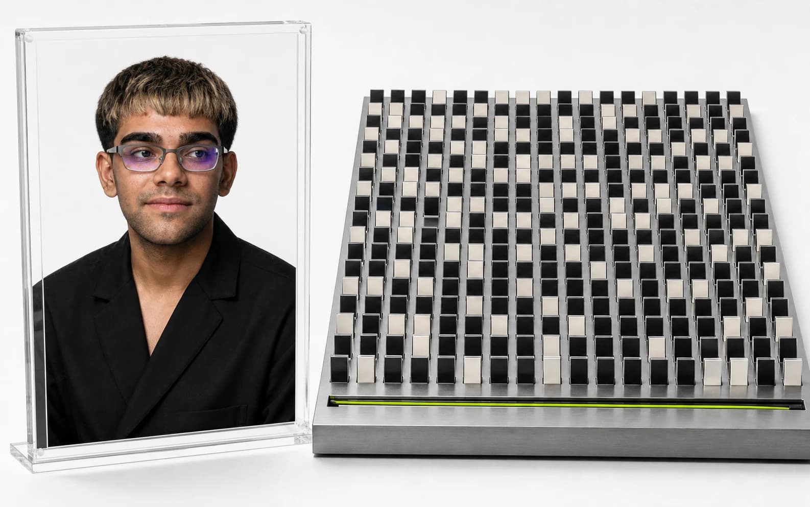 N3on stands inside a clear portrait frame beside a dense matrix of individual clip units and a narrow lime payout channel.