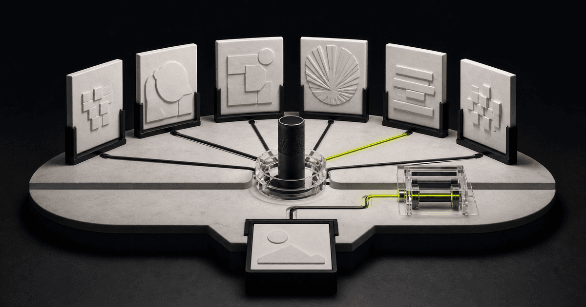 A radial interview machine connecting one central question to six response frames and one lime-lit output