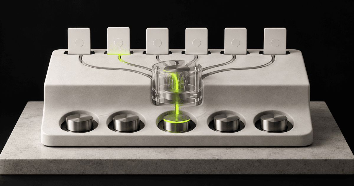 Six ceramic content plates feed through a clear inspection chamber, with one lime verified path leading to a steel payout puck.