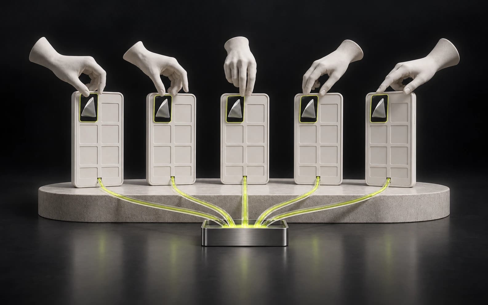 Five creators place the same video tile into separate blank account canvases as lime view signals converge into a payout tray