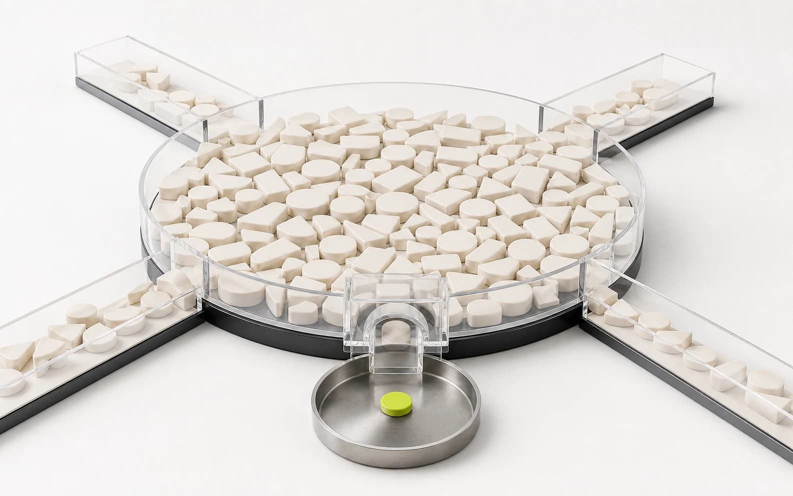 Four open ramps feed varied white tokens into a clear circular pool, with one lime token released through a review gate into a steel dish.
